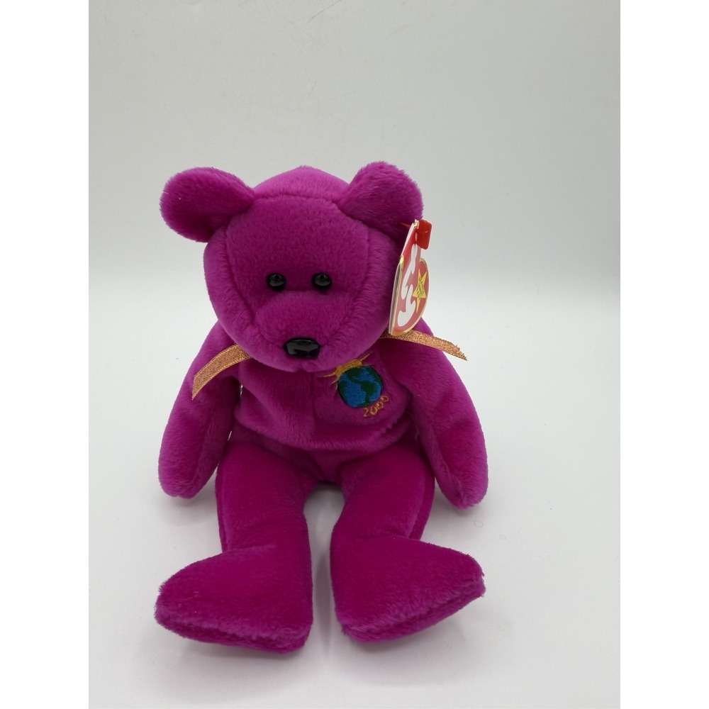 🌟🧸 Ty Beanie Baby Millennium Bear – 2000 – Retired – Purple Bear w/Gold Ribbon